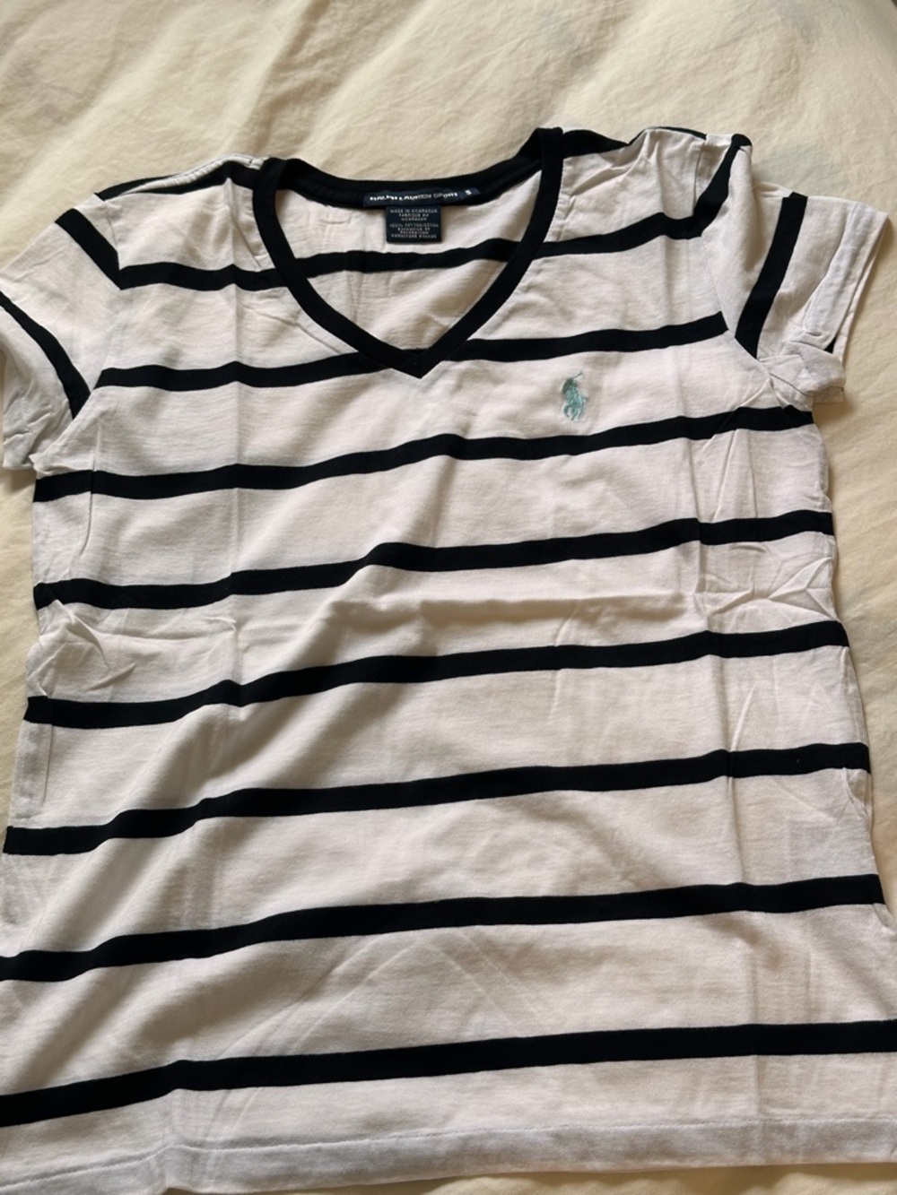 Polo Ralph Lauren Cotton Vneck Tshirt - Black White Stripe - S